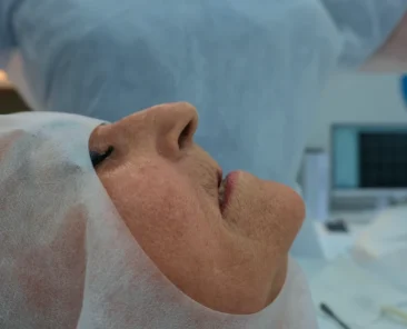 Paciente preparada para cirurgia de enxerto ósseo no centro cirúrgico do Hospital do Enxerto Ósseo, com equipe médica e monitoramento ao fundo