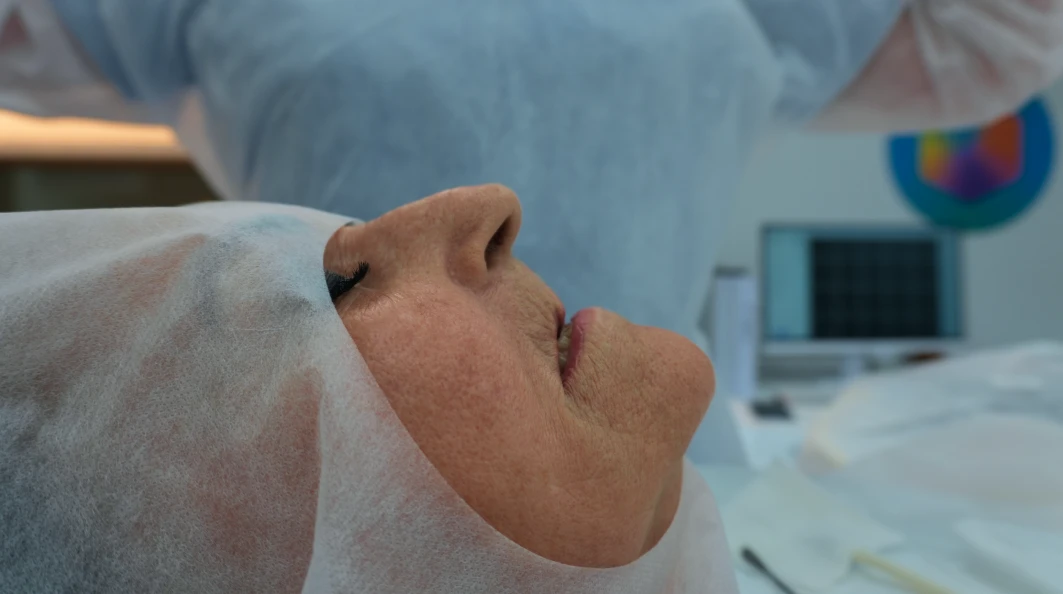 Paciente preparada para cirurgia de enxerto ósseo no centro cirúrgico do Hospital do Enxerto Ósseo, com equipe médica e monitoramento ao fundo